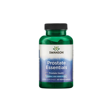 A green bottle of Swanson Prostate Essentials, containing 90 vegetarian capsules with herbs like saw palmetto to support prostate health.
